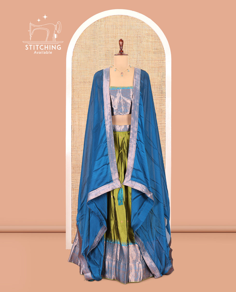 Parrot Green-Firozi Blue Semi-Silk Half-Saree, Zari Buttas Skirt, Contrast Traditional Zari Border, a Matching Blouse, a Contrast Blouse