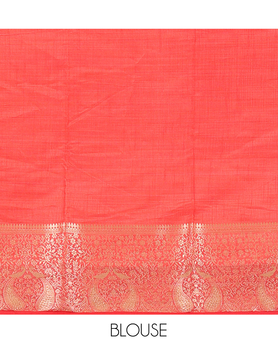Cream-Red Plain Art Tussar Saree