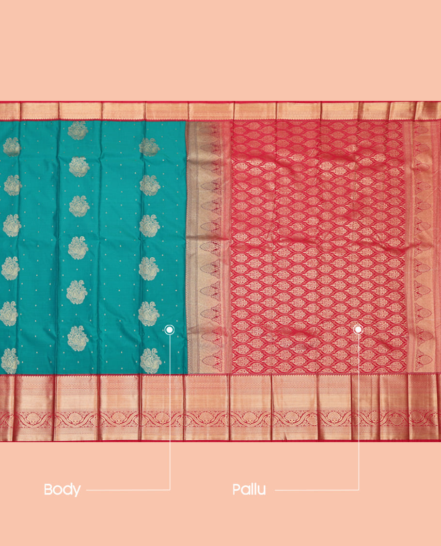 Green Budget Silk Saree, Embellished with Zari Buttas, Complemented by a Contrast Traditional Zari Border, Grand Pallu, and a Contrast Blouse