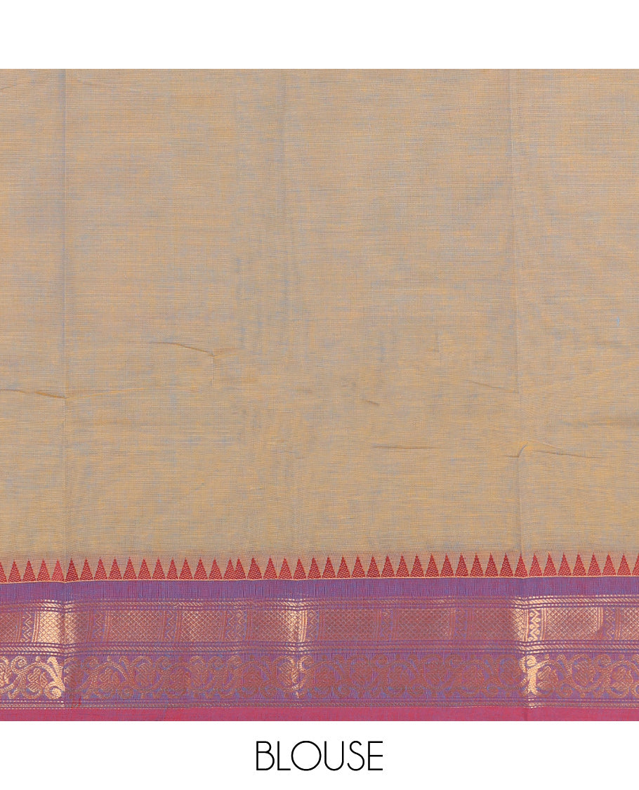 Grey Chettinad Cotton Saree, Sparsely Threaded with Thread Buttas All Over Its Body, Complemented by a Contrast Traditional Zari Design Woven Temple Border, Pallu of Stripes, and Paired with a Matching Blouse