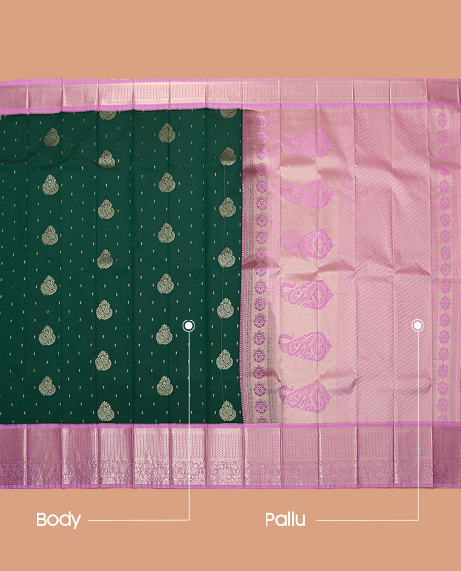 Green Budget Silk Saree, Woven with Zari Buttas, Complemented by Contrast Traditional Zari Border, Grand Pallu, and a Contrast Blouse