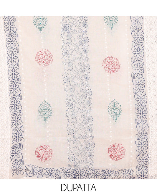 Blue Cotton Material Chudidar, Floral Printed Hakoba Top, a Contrast Bottom, Print-Hakoba Dupatta