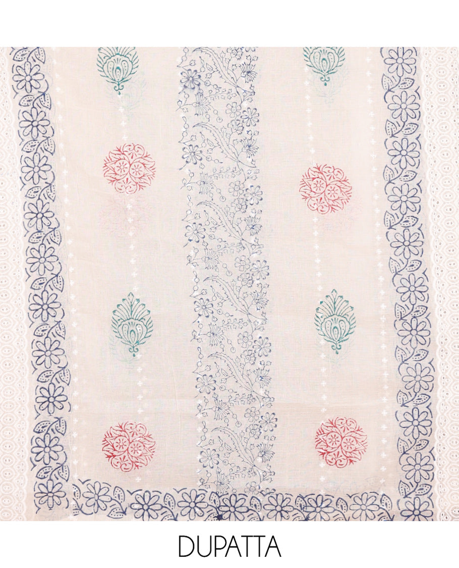 Blue Cotton Material Chudidar, Floral Printed Hakoba Top, a Contrast Bottom, Print-Hakoba Dupatta