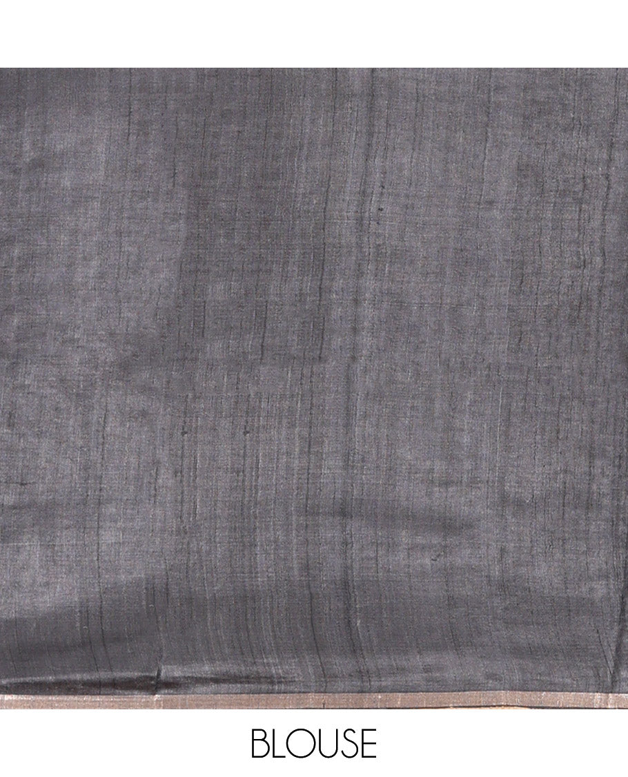 Grey Tussar Silk Saree, Meticulously Crafted with Half-And-Half-Style Checked Design on Its Body, a Contrast Temple Border, Temple Design Pallu, and Paired with a Contrast Blouse