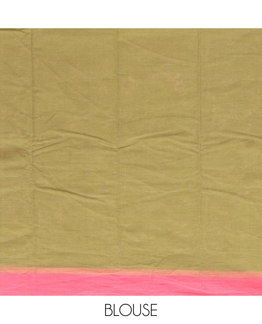 Green Kanchi Cotton Saree, Enriched with Temple Buttas All Over Its Body, Complemented by Contrast Border, Floral Design Pallu, and Paired with a Matching Blouse