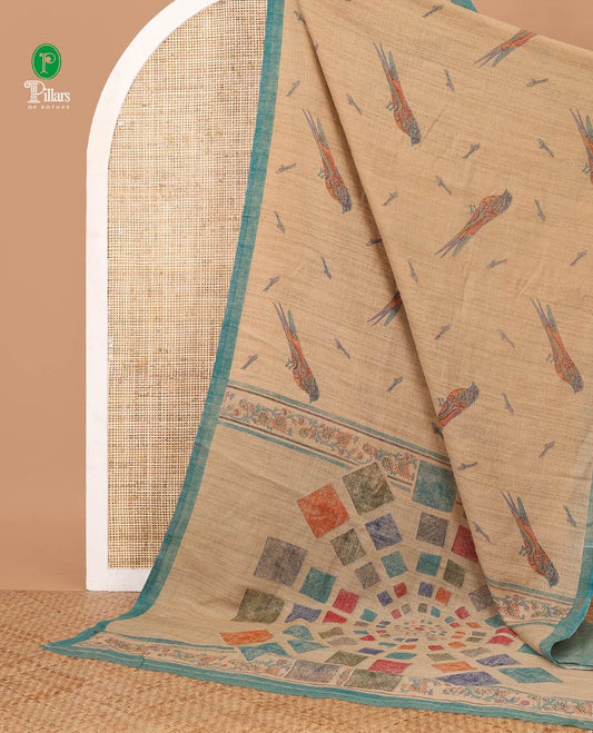 Cream colorful bird motifs digital printed linen cotton saree, contrast piping border & kaleidoscopic-colored pallu of floral creeper & geometric print