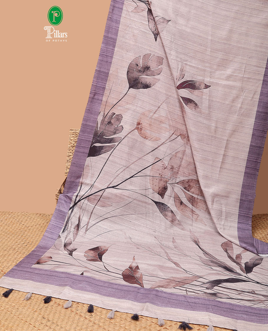 Cream with violet leaf digital printed design semi-tussar saree with contrast border & printed pallu, tussles along with contrast plain blouse