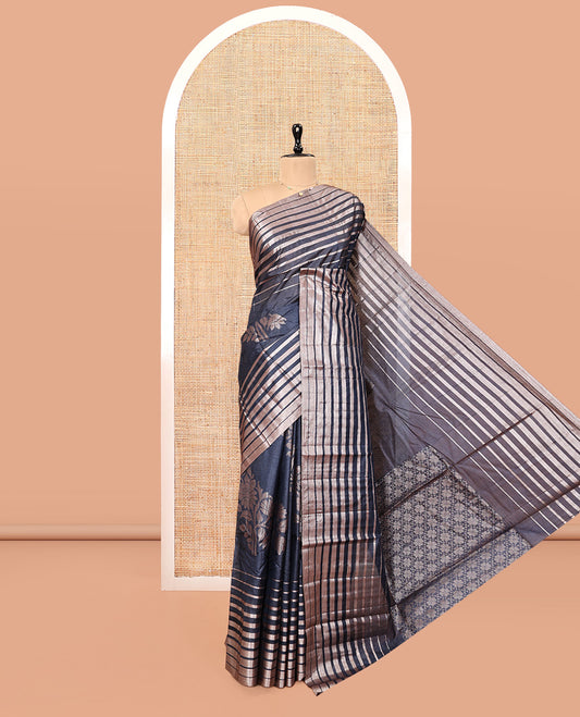 Borderless Dark Grey Tussar Silk Saree, Richly Detailed with Zari Stripes and Floral Buttas, Striped Pallu, and a Matching Blouse