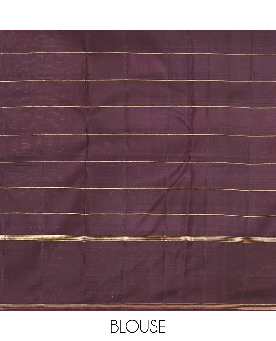 Multi-Color Checked Kanchipuram Silk Saree, Complemented by a Contrast Temple Bodi Border, Zari Striped Pallu, and Contrast Blouse