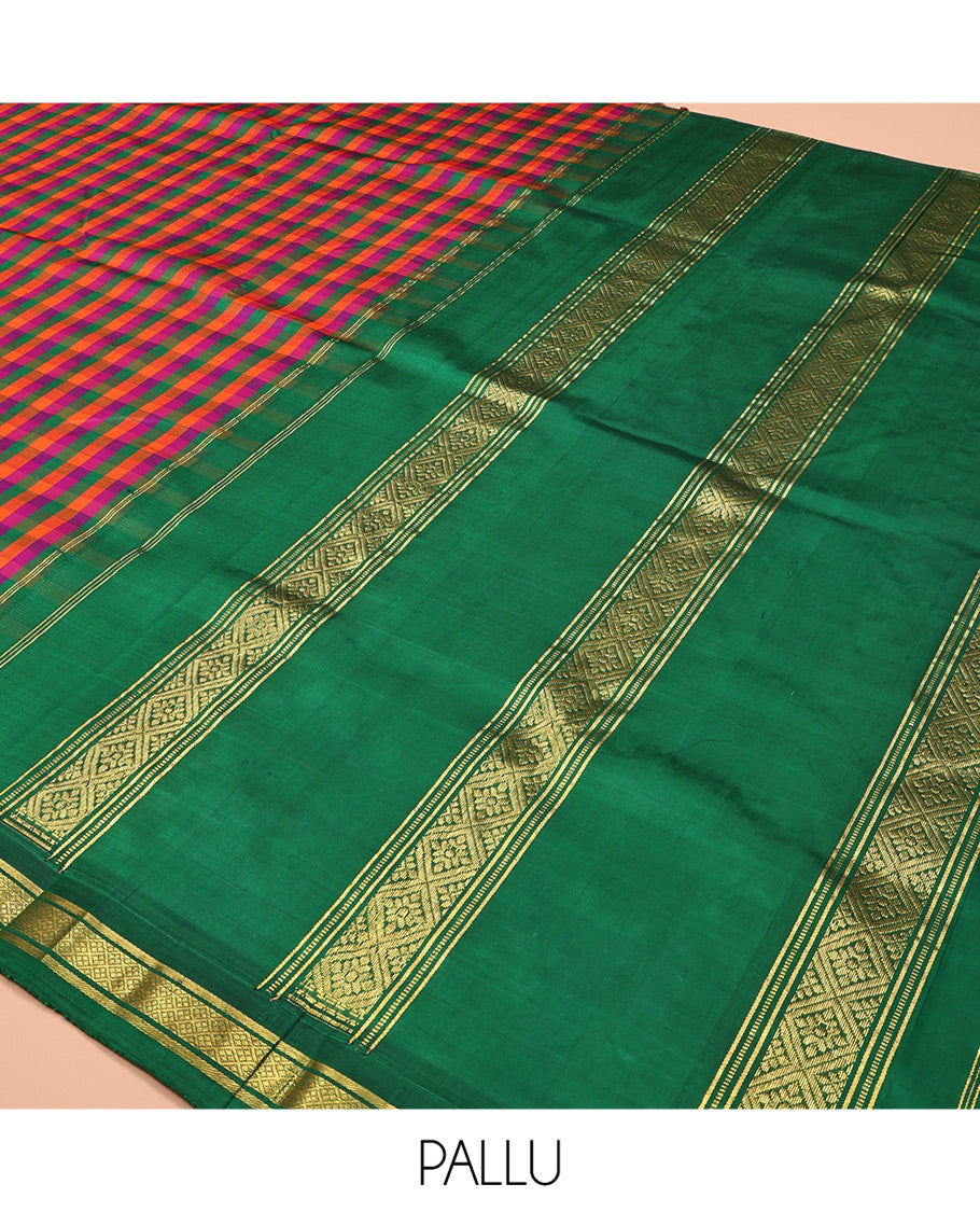 Multi-Color Palum Pazhamum Checked Kanchipuram Silk Saree, Complemented by a Contrast Korvai One-Sided Border of Banaras and Jaal Designs, Zari Design Pallu, and No Blouse