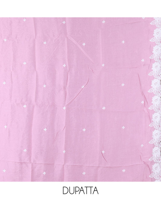 Pink Mul Chanderi Material Churidar with Delicate Floral Embroidered Top, a Plain Bottom, and Scallop Embroidered Dupatta