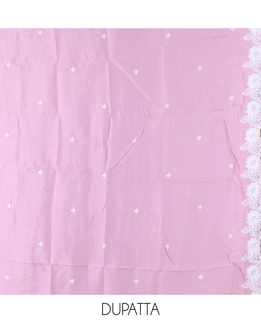 Pink Mul Chanderi Material Churidar with Delicate Floral Embroidered Top, a Plain Bottom, and Scallop Embroidered Dupatta