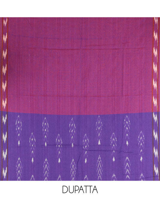 Dark Lavender Pure Cotton Saree Material Chudidar Ikat Buttas Top, a Contrast Bottom, and Ikat Dupatta