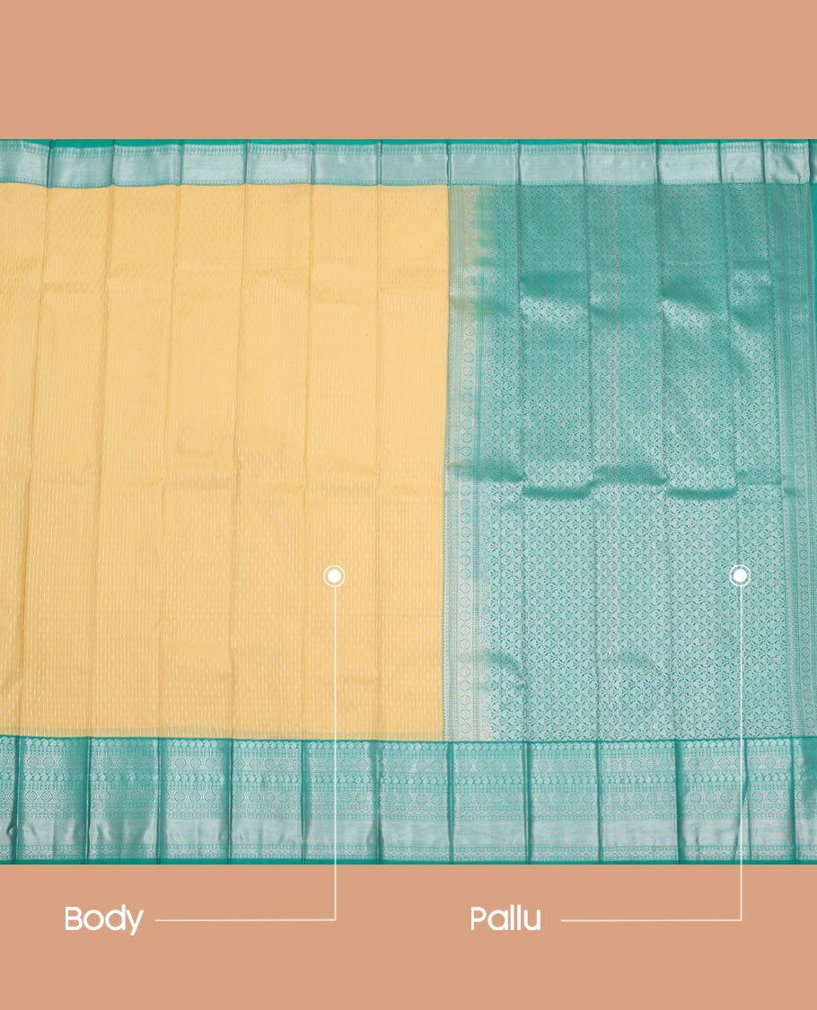 Yellow Budget Silk Saree, Gleamed Up with Zari Stripes All Over Its Body, Complemented by a Contrast Traditional Zari Design Border, Grand Pallu, and Paired with a Contrast Blouse