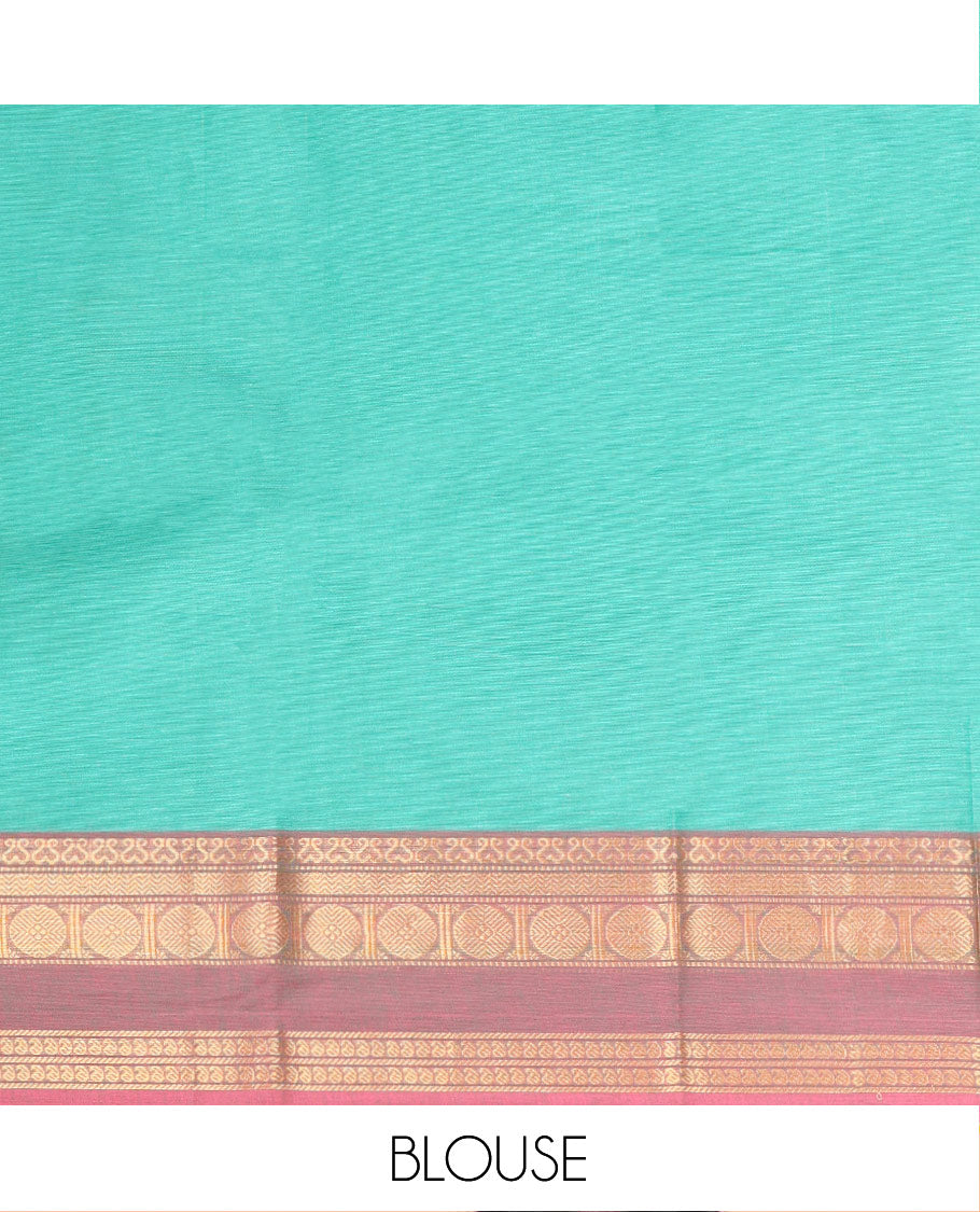 Green Plain Chettinad Cotton Saree, Complemented by a Contrast Traditional Zari Design Border, Subtly Striped Pallu, and Paired with a Matching Blouse