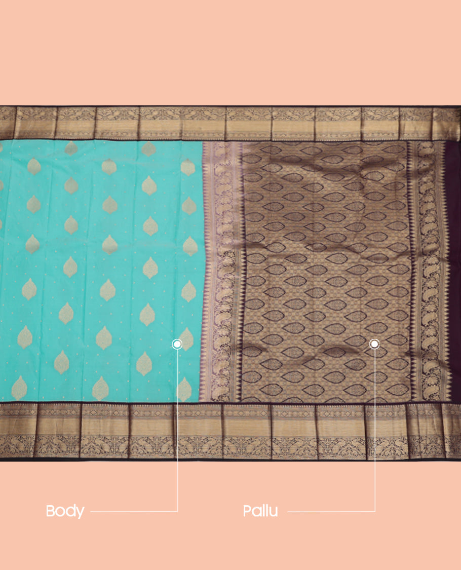 Blue Budget Silk Saree, Detailed with Zari Buttas, Complemented by Contrast Traditional Zari Border, Grand Pallu, and a Contrast Blouse