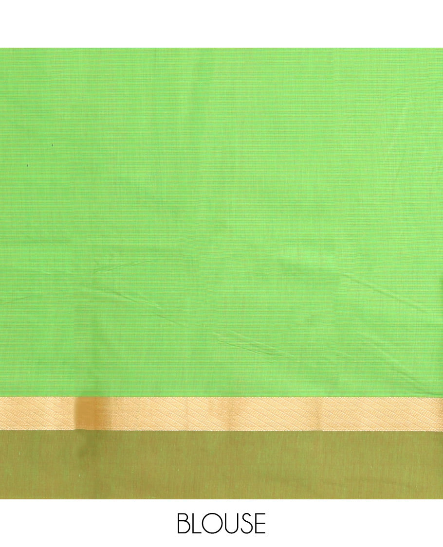 Green Semi-Silk Cotton Saree, Subtly Sparkled with Stripes All Over Its Body, Complemented by a Contrast Zari Buttas Woven Border, Pallu of Bird and Paisley Designs, and Paired with a Matching Blouse
