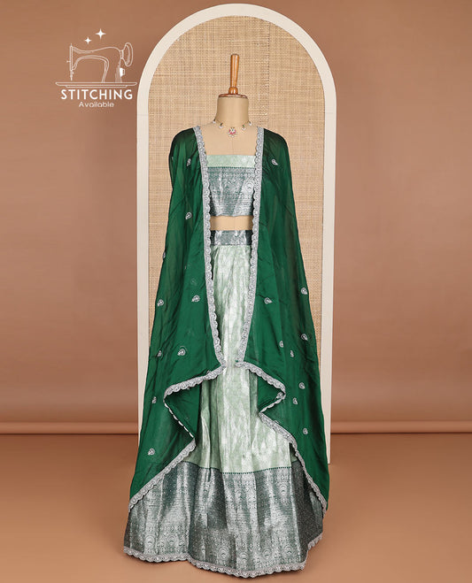 Mint green floral design half saree with contrast intricate zari border, zari design blouse & floral embroidery scallop border dhavani