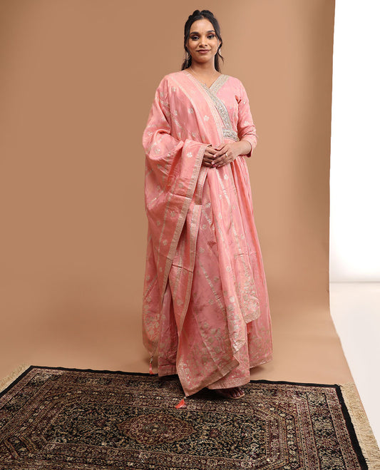 baby pink floral embroidered v neck, 3/4 th sleeve,floor length length top & floral zari design dupatta