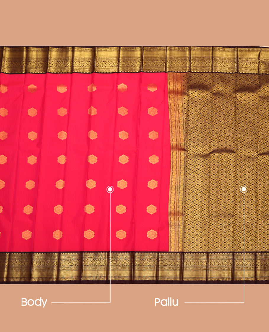 Red Budget Silk Saree, Spotlighted with Zari Buttas All Over Its Body, Complemented by Contrast Traditional Zari Design Border, Grand Pallu, and Paired with a Contrast Blouse
