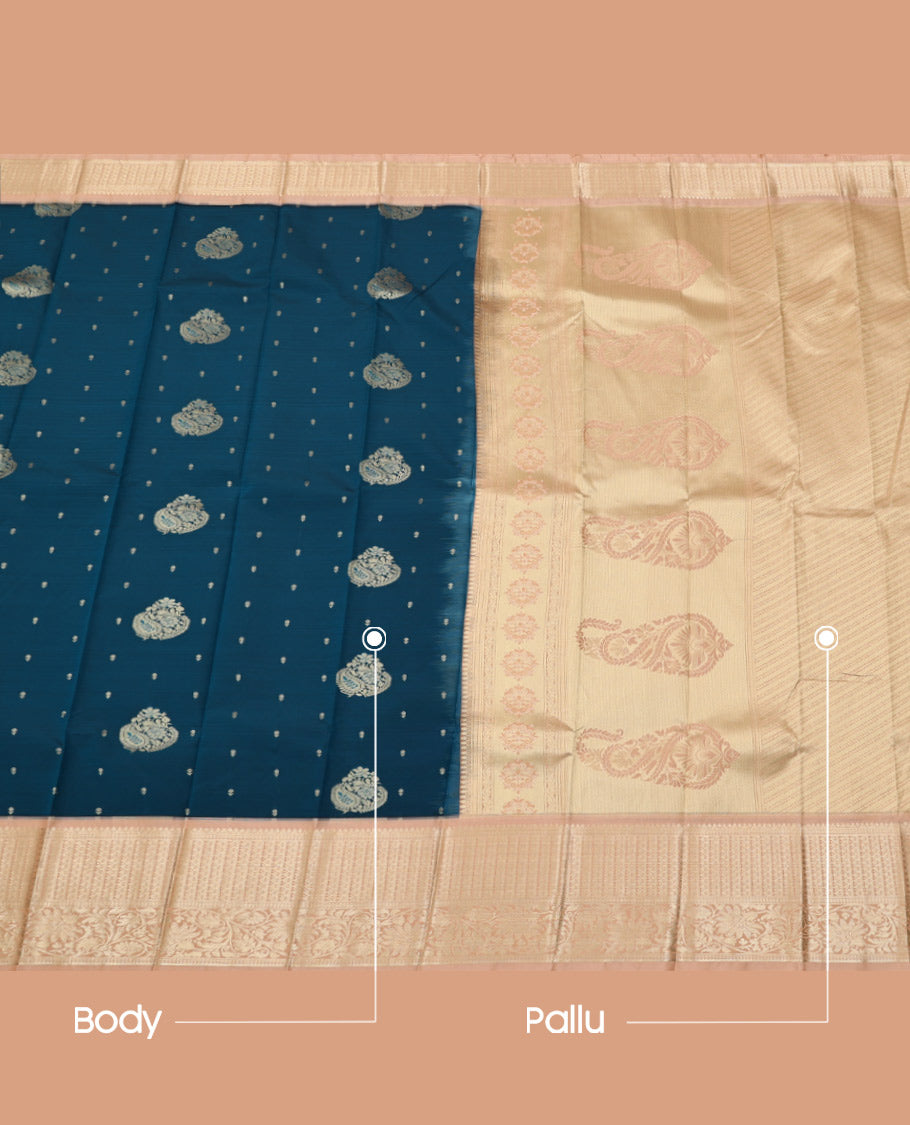 Blue Budget Silk Saree, Adorned with Zari Buttas on Its Body, Complemented by a Contrast Traditional Zari Design Border, Grand Paisley Design Pallu, and Paired with a Contrast Blouse