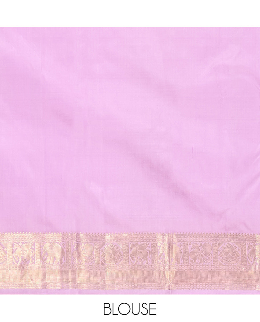 Violet Vasundhara Silk Saree, Elevated with Zari Buttas, Contrast Border of Thilakam, Mayil, Yaanai, and Kuthirai Designs, Grand Pallu, and Contrast Blouse