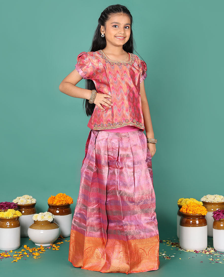Pink readymade art silk pavadai, jacquard & contrast traditional border skirt & jacquard & embroidery round neck puff-sleeve blouse