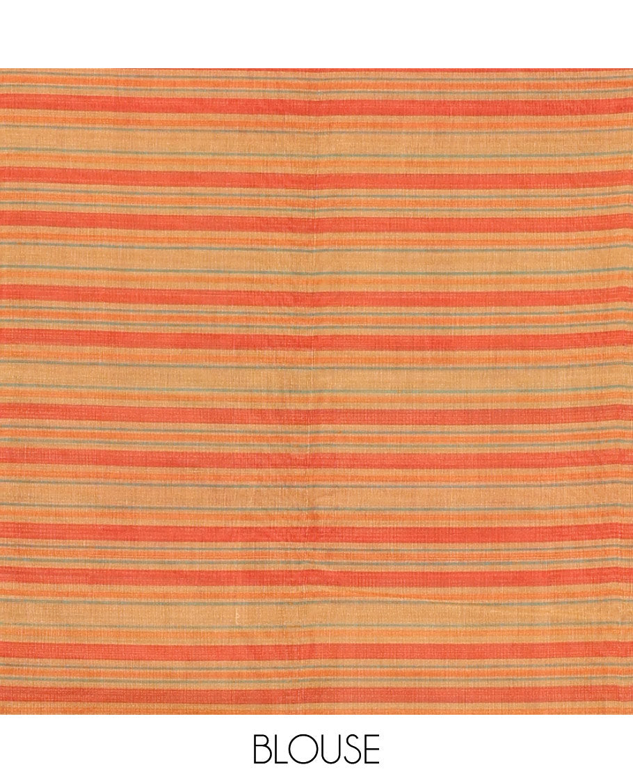 Yellow horizontal striped linen cotton saree, contrast printed  border, checks and stripes printed pallu, and a horizontal striped pallu