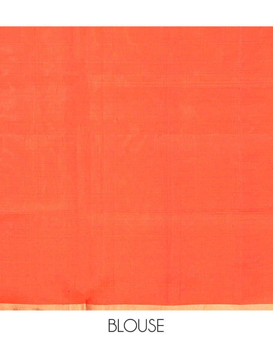 Orange Mayuri Soft Silk Saree, Adorned with Pine-Tree Buttas All Over Its Body, Subtle Zari Piping Border, Sparsely Woven Pallu, and Paired with a Matching Blouse