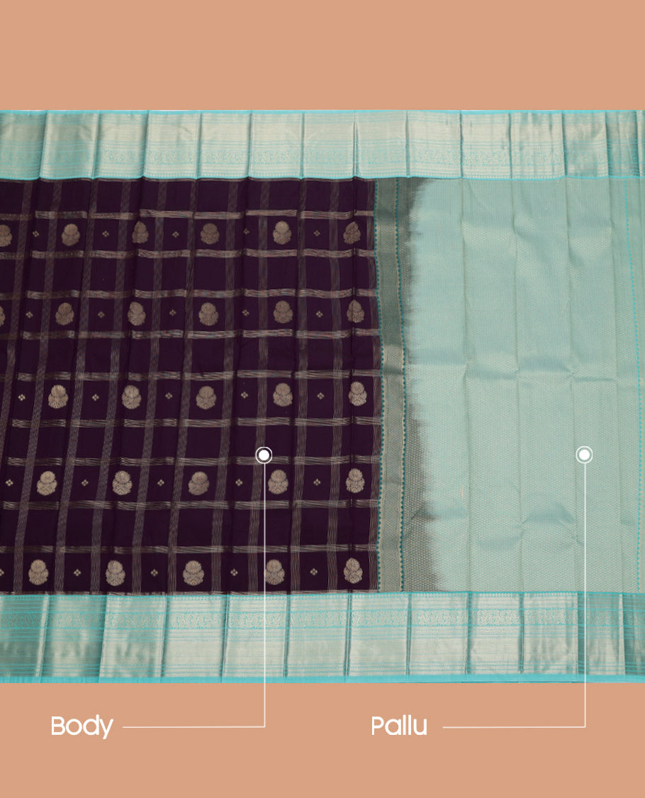 Purple Budget Silk Saree, Beautified with Zari Butta  Enclosed Checks, Complemented by a Contrast Traditional Zari Border, Grand Pallu, and Contrast Blouse
