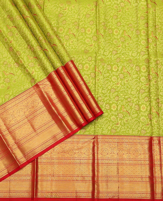 Parrot Green Pure-Silk Half-Saree