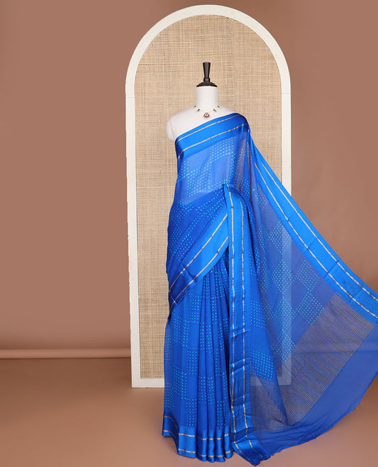 Blue geometric design chiffon saree with self border & striped pallu