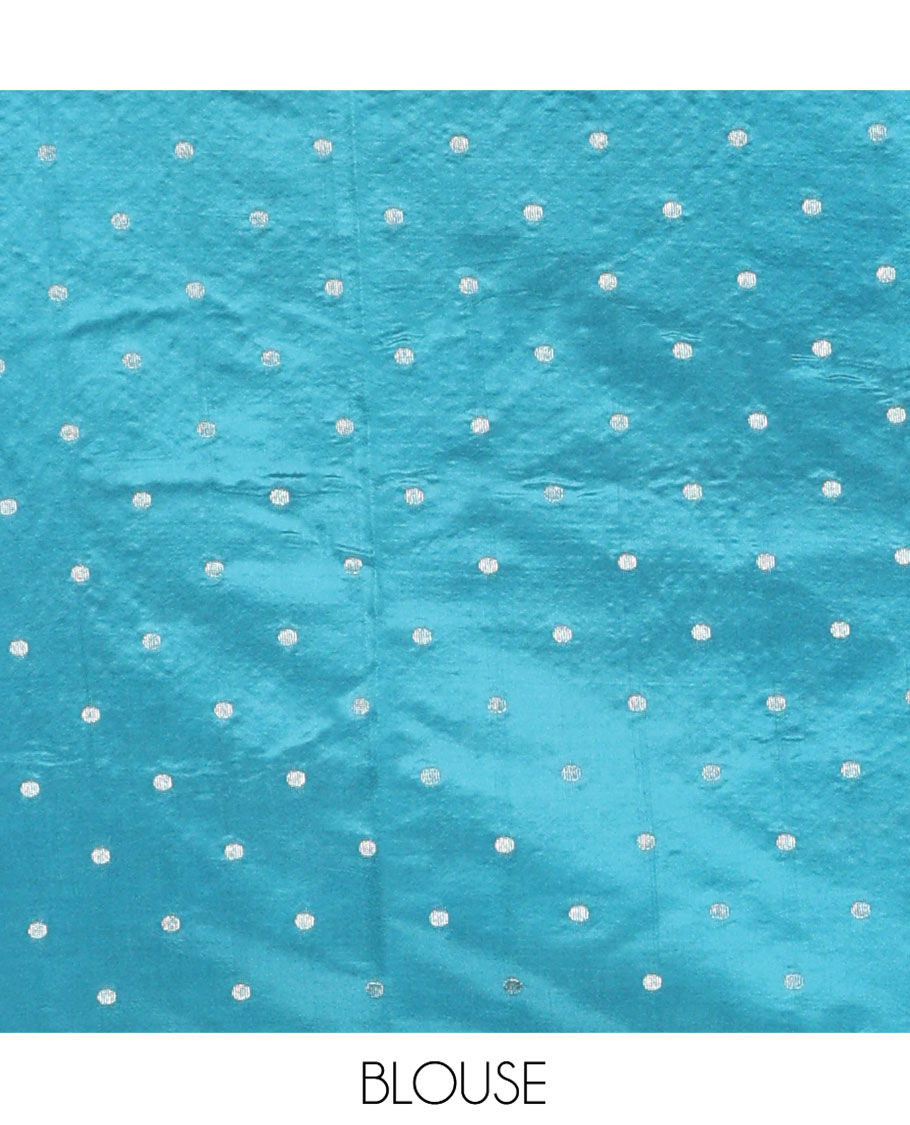 Blue Semi-Banarasi Dupion Saree, Gleamed Up with Zari Checks and Buttas, a Contrast Traditional Zari Design Border, Striped Pallu, and a Contrast Blouse