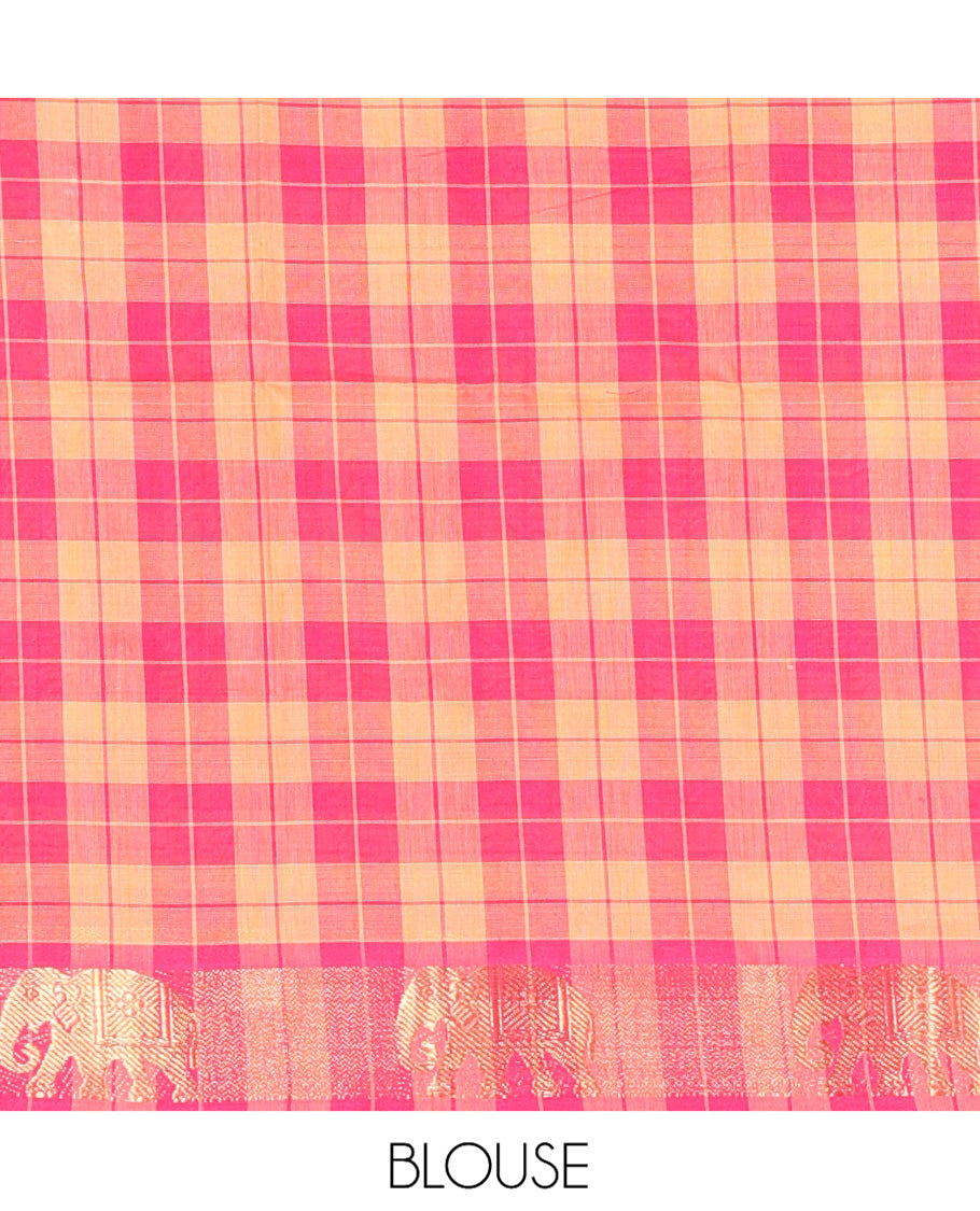 Chikku-Rani Pink Chettinad Cotton Half Saree Features Checked Skirt, a Traditional Zari Border, a Matching Blouse, and a Contrast Dhavani