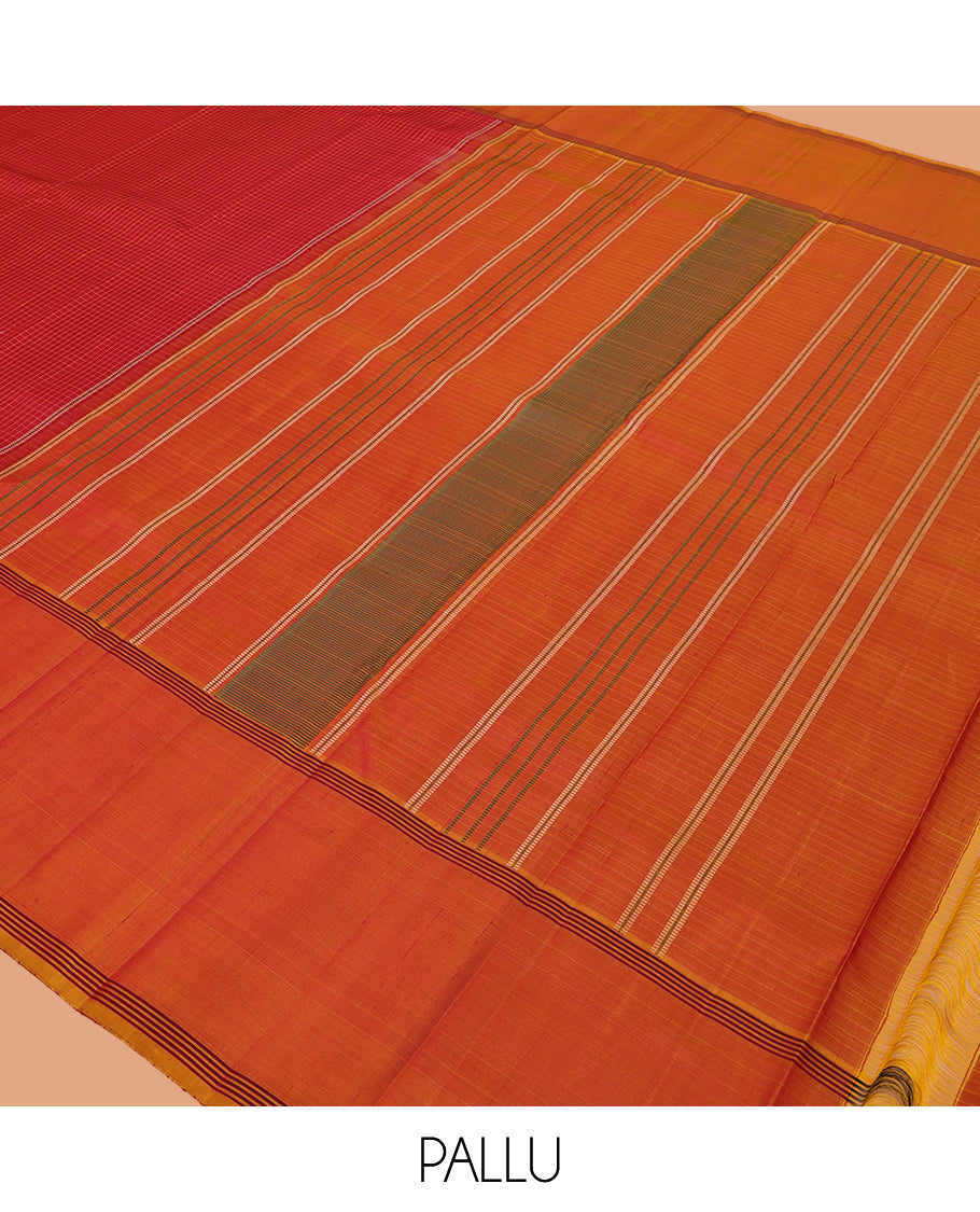Red Muthu Kattam Kanchipuram Silk Saree, Complemented by Contrast Bodi Border, Striped Pallu, and a Contrast Blouse