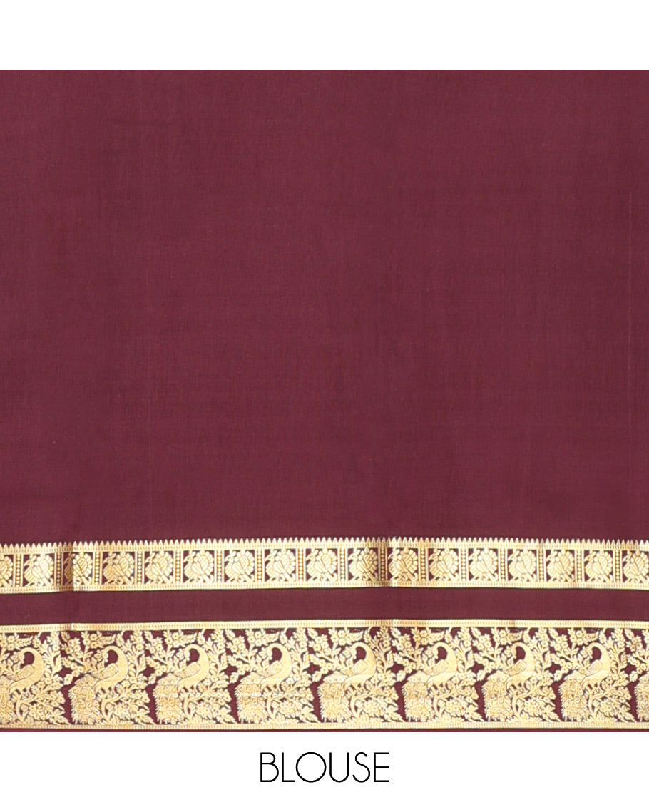 Maroon Plain Mysore Silk Saree, Richly Detailed with Zari Border of Peacock Designs, Sparsely Woven Pallu of Stripes, and Paired with a Matching Blouse