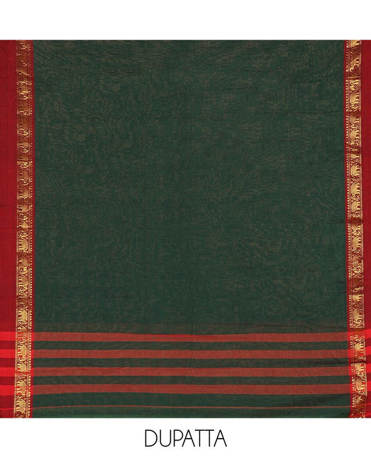 Green Plain Mercerised Cotton Material Churidar Set, Complemented by Contrast Elephant Motifs Woven Zari Border, Comes with a Plain Mercerised Cotton Bottom, and Is Paired with a Matching Mercerised Cotton Dupatta Mirroring the Same Design