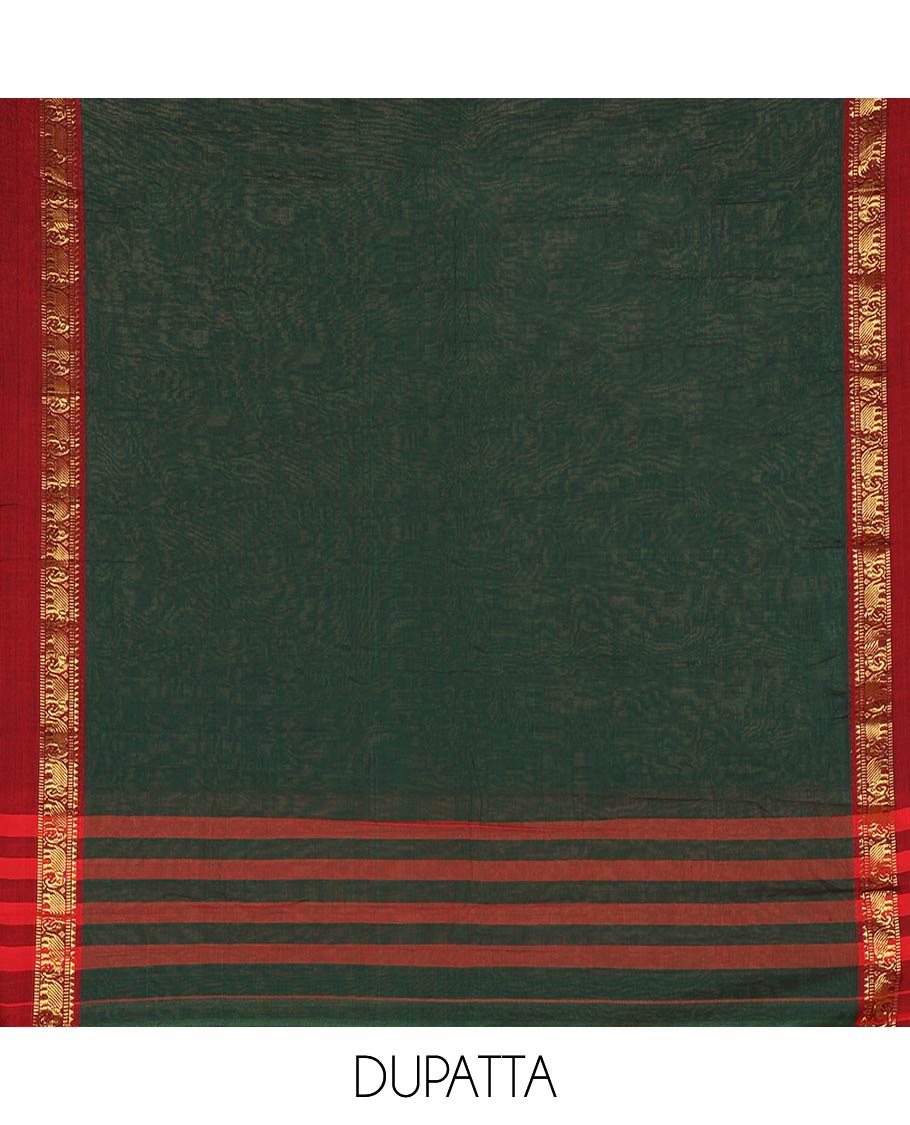 Green Plain Mercerised Cotton Material Churidar Set, Complemented by Contrast Elephant Motifs Woven Zari Border, Comes with a Plain Mercerised Cotton Bottom, and Is Paired with a Matching Mercerised Cotton Dupatta Mirroring the Same Design