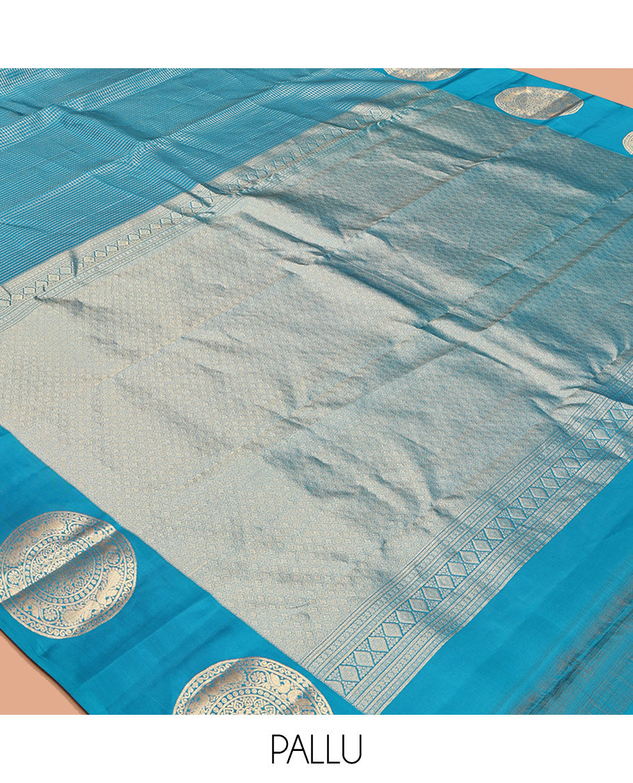 Blue Zari Checked Vasundhara Lite-Silk Mix Saree, Highlighted by Zari Chakram Motifs Border, Grand Jaal Pallu, and a Matching Blouse