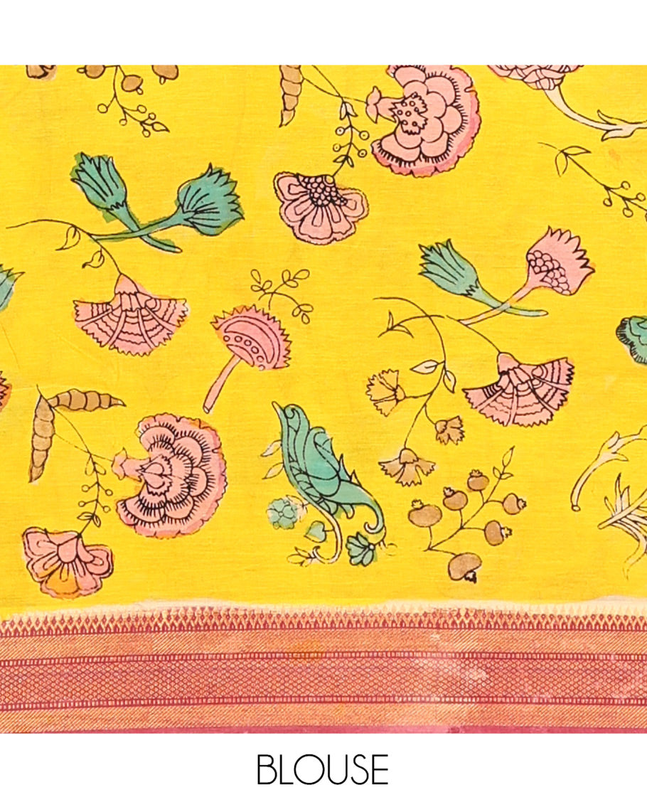 Multi-Color Kalamkari Silk Saree, Meticulously Crafted with Ancient Human Motifs Print, a Contrast Traditional Zari Border, Human Motifs Pallu, and a Contrast Blouse
