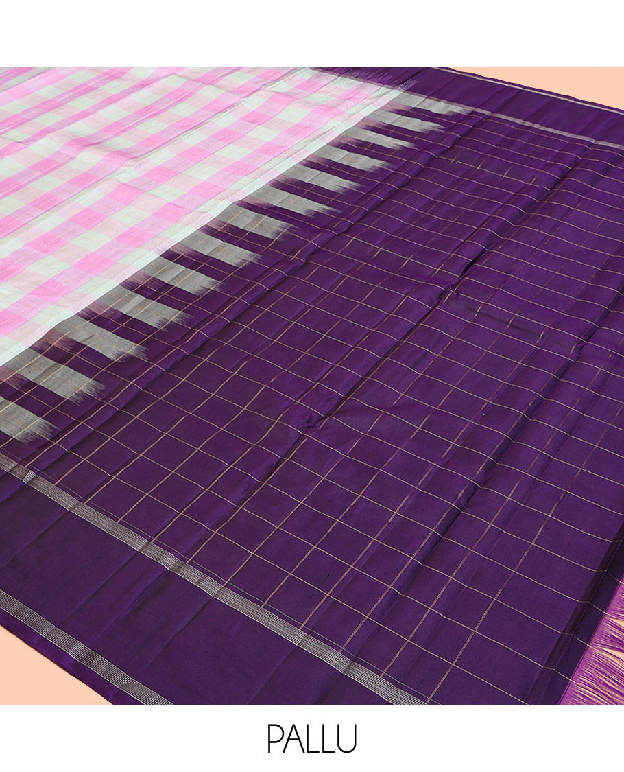 Multi-Color Checked Kanchipuram Silk Saree, Complemented by a Contrast Bodi Border, Checked Pallu, and a Contrast Blouse