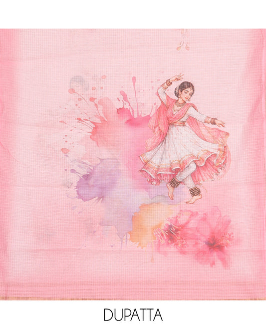 Pink Rose Net Kota Material Churidar Features Dancing Girl Motif Printed Top, a Plain Bottom, a Dancing Girl Motif Printed Dupatta