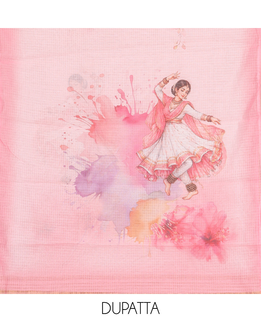 Pink Rose Net Kota Material Churidar Features Dancing Girl Motif Printed Top, a Plain Bottom, a Dancing Girl Motif Printed Dupatta