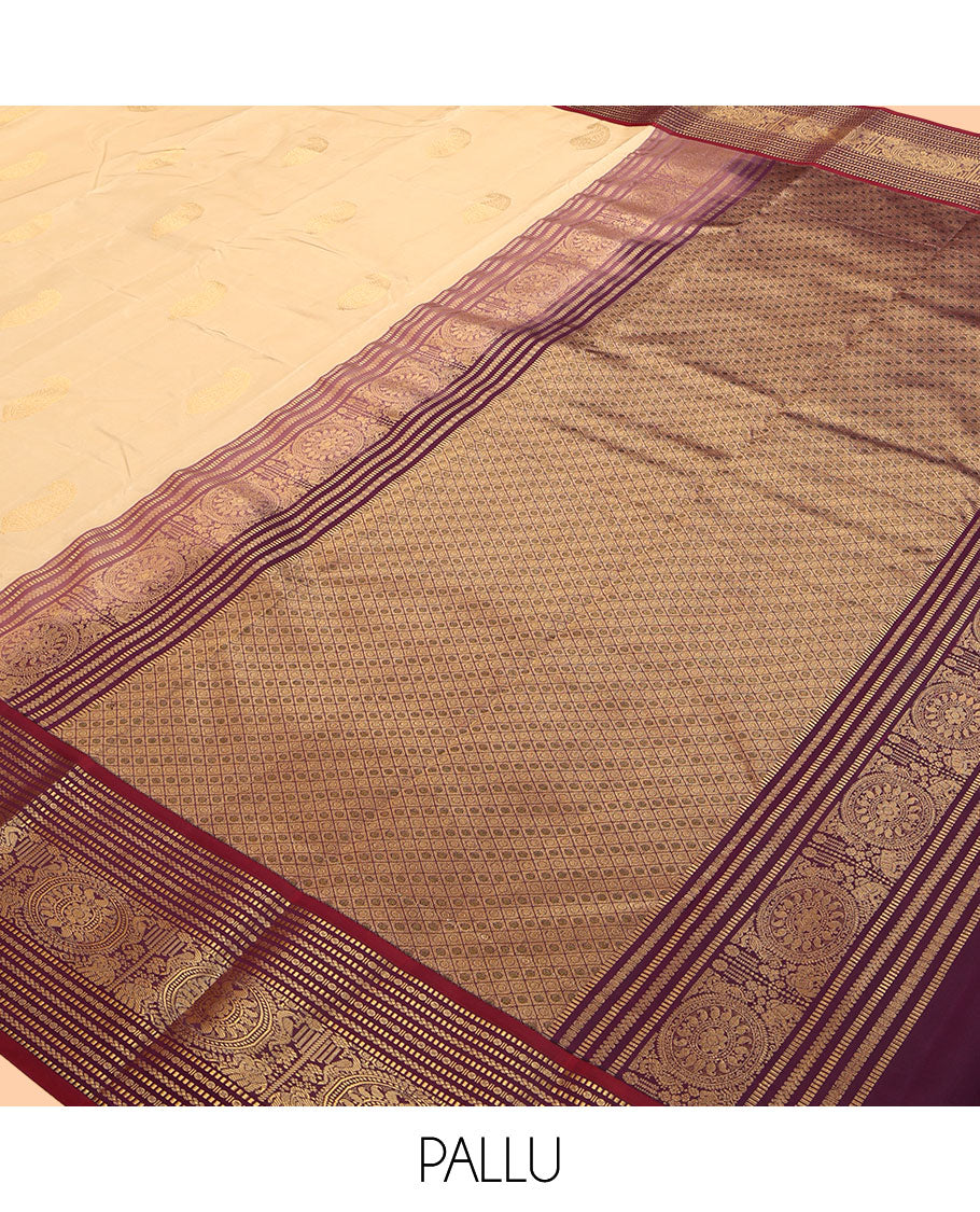 Cream Vasundhara Lite Silk Mix Saree, Subtly Sparkled with Zari Buttas, a Contrast Border of Muthu, Paisa, Yaanai, Mayil, and Chakram Designs, Grand Pallu, and a Contrast Blouse
