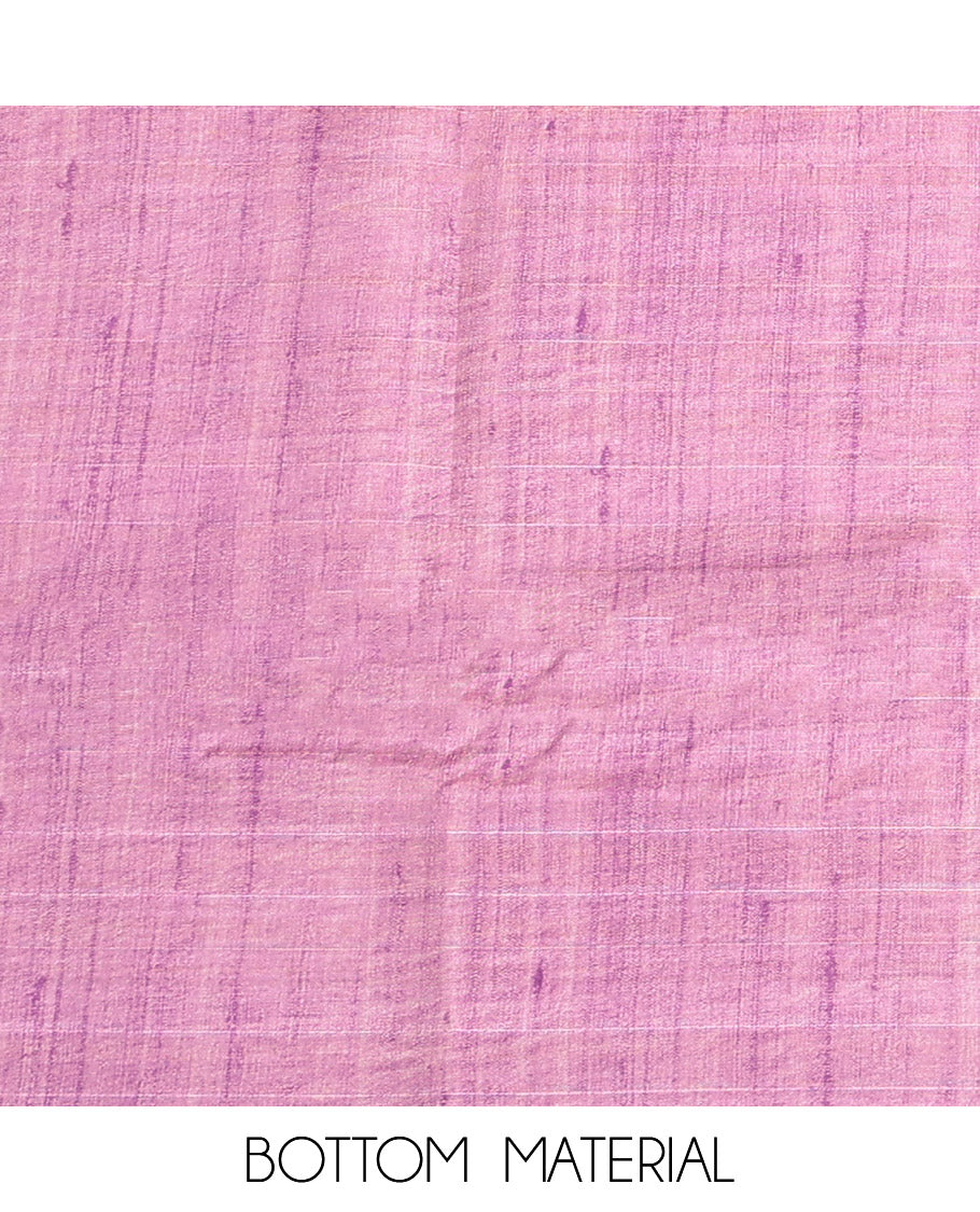 Chikku-Pink Semi-Tussar Material Churidar Set, Decked up with Human-Animal Motif Top, a Contrast Bottom, and Leaf-Elephant Motif Dupatta