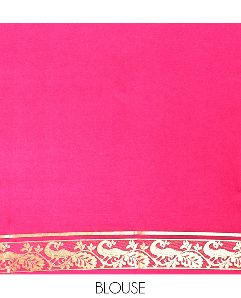 Pink Plain Mysore Silk Saree, Highlighted by a Traditional Zari Border of Peacock Designs, Pallu Steeped with Zari Stripes, and Paired with a Matching Blouse