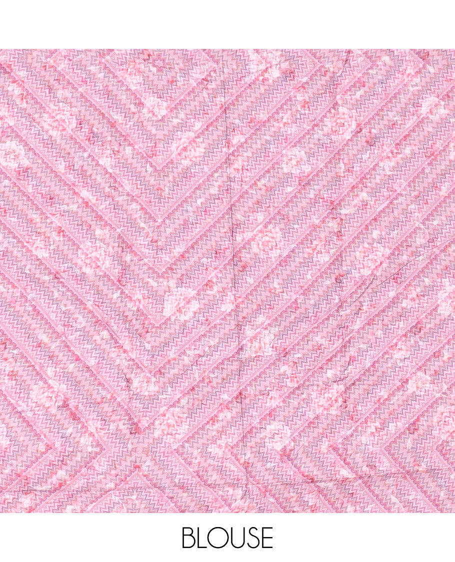 Pink Mul Mul Cotton Saree, Detailed with a Floral Print, a Subtle Chevron Border, Geometric-Printed Pallu, and a Matching Blouse
