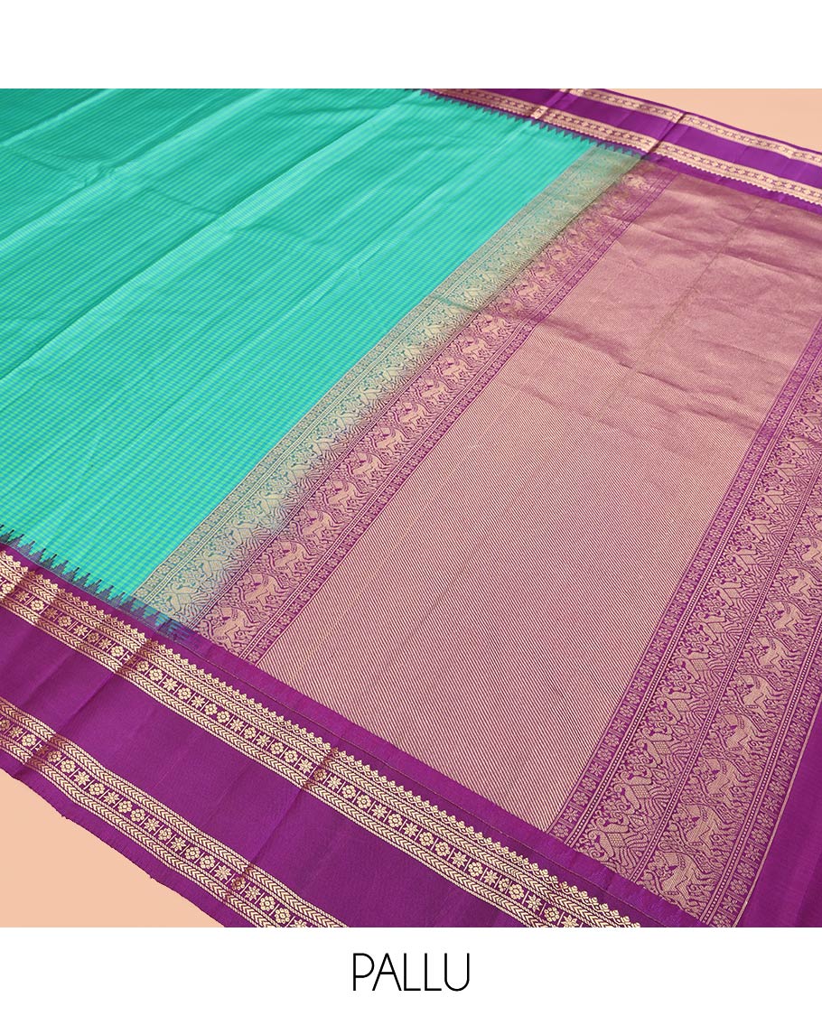 Turquoise Checked Vasundhara Silk Saree, Contrast Rettai Pettu Border of Rekku, Salngai, Kathir, Banaras, Star Vanki, and Kamalam, Pallu of Iruthalai Pakshi, and Yaali, and a Contrast Blouse