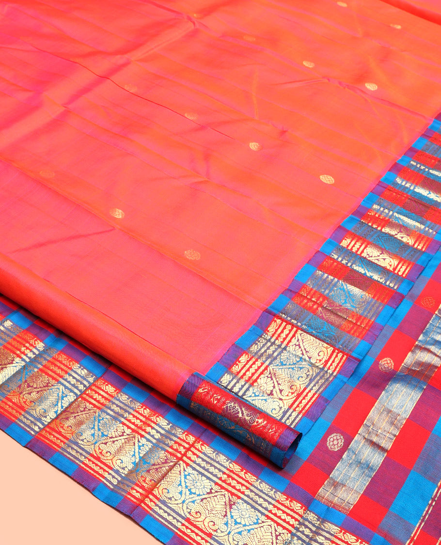 Pink-Peach Kanchipuram Silk Saree, Detailed with Zari Buttas, Contrast Korvai Traditional Border, Checked Pallu of Zari Design, and No Blouse