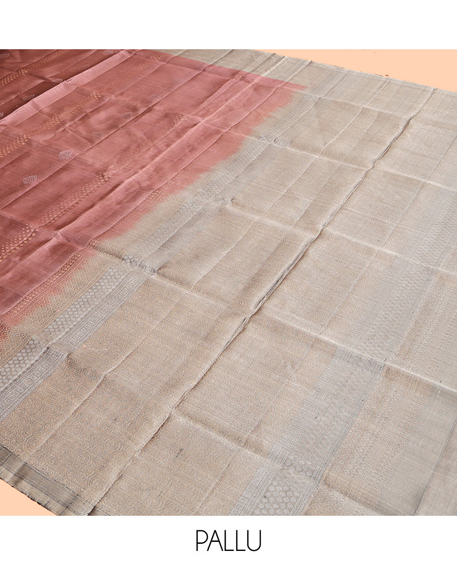Pale Brown Mayuri Lite Silk Mix Saree, Richly Decked Up with Zari Buttas, Complemented by Contrast Border, Sparsely Woven Pallu and a Contrast Blouse